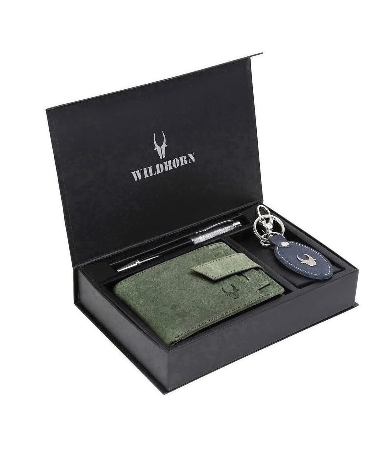 WildHorn Green Leather Men's Wallet, Keychain and Pen Combo Set (GIFTBOXMIX)