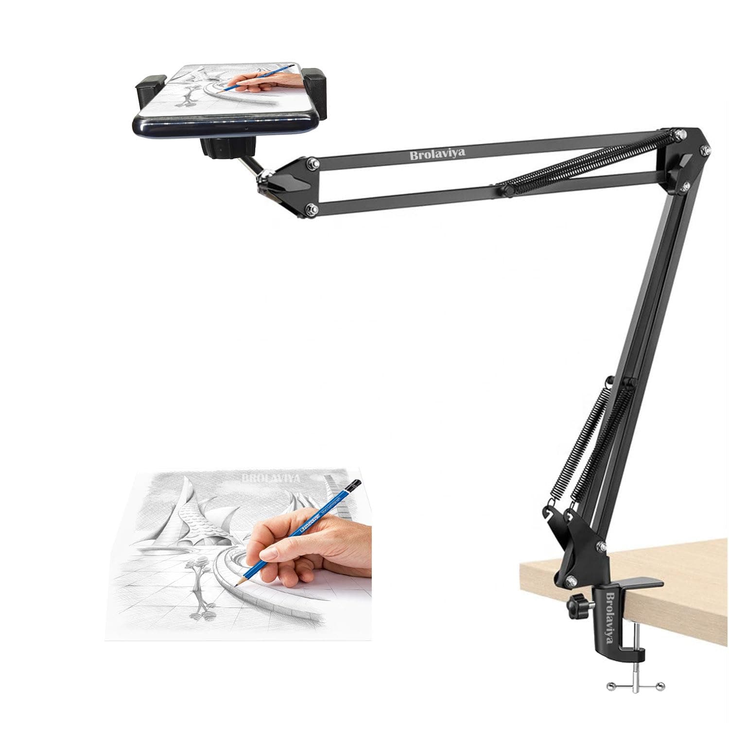 BROLAVIYA Overhead Video Stand Phone Holder, Metal Long Lazy Arm and Bracket for Mobiles Phone and Tablets, for Streaming,Overhead Video,Desktop,Bedroom, Office