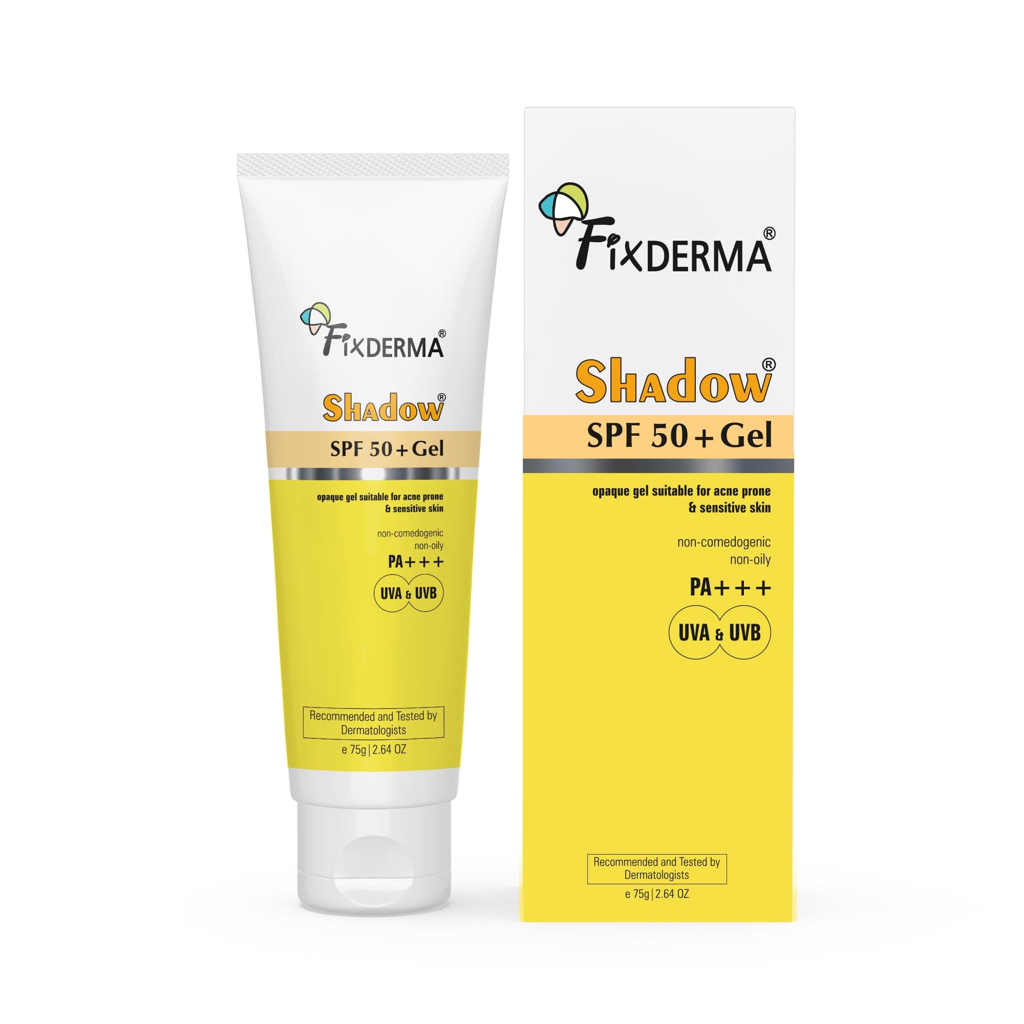 Fixderma Shadow Sunscreen SPF 50+ PA+++ Gel | Sunscreen SPF 50 for Oily, Acne Prone & Normal Skin | Broad Spectrum & UVA & UVB Protection | Lightweight | No White Cast | For Unisex - 75G