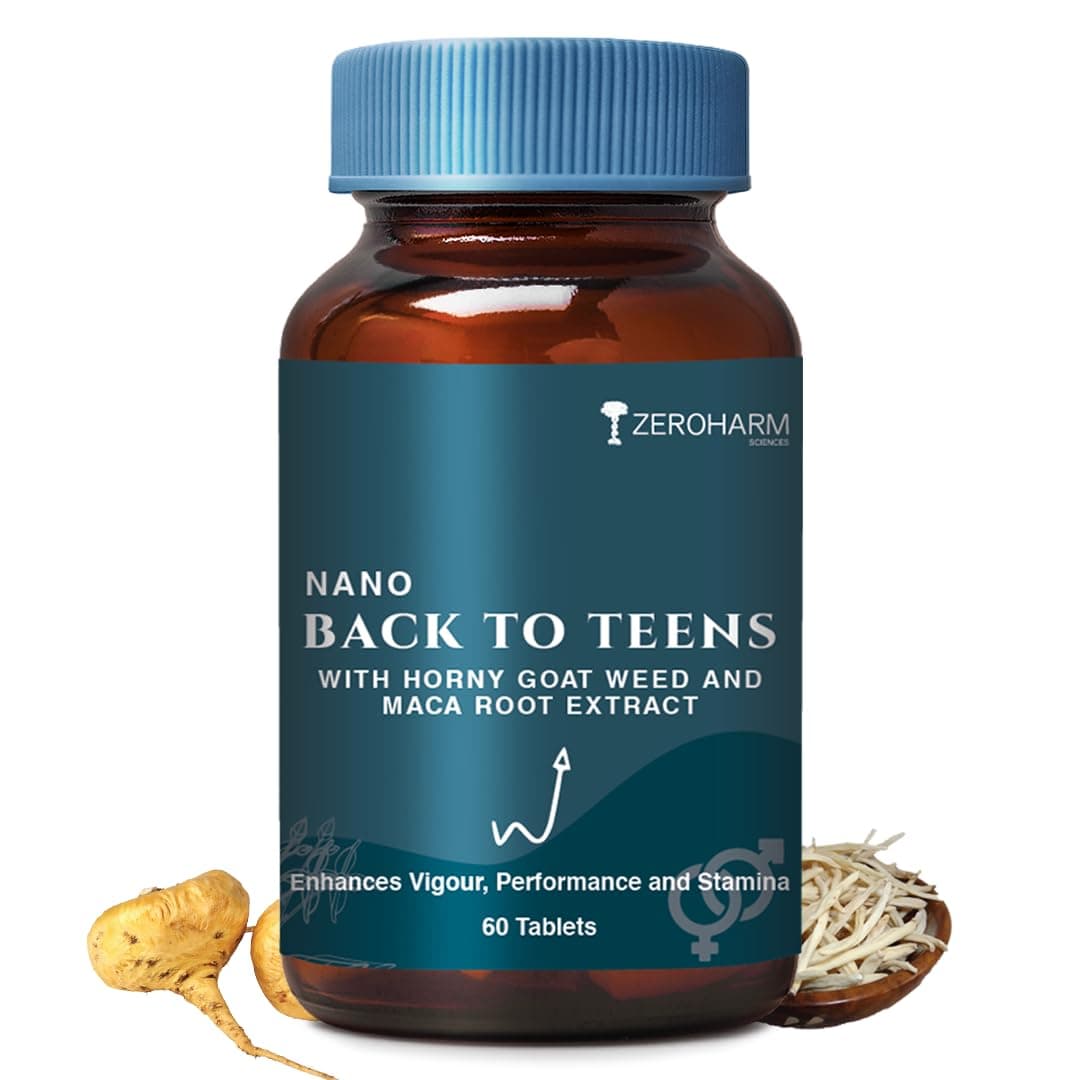 ZEROHARM Back to Teens | Maca Root, Safed Musli, Horny Goat Weed for Energy, Stamina, Endurance & Performance | Nano Formulated Supplement for Men & Women | High Potency 60 Tablets