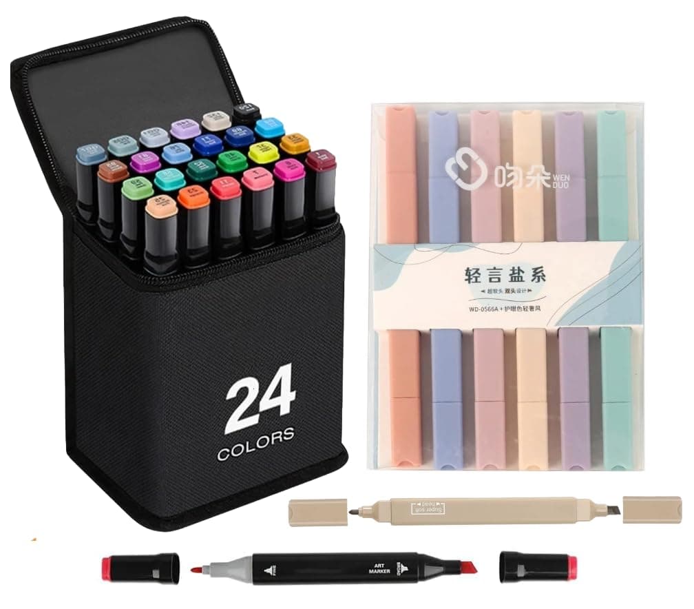 Corslet Stationery Items Colour Set for Kids 30pc - 24pc Alcohol Markers Pens Set & 6pc Highlighter Marker Pen Pastel Brush Pens Sketch Pen Set Art Supplies for Artist Painting Sketching Calligraphy