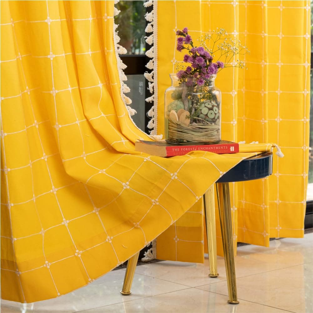 Urban Space Embroidery Door Curtains, 100% Cotton, Pack of 1 Decorative Curtain with Tassels, Tieback & Eyelets, 60-65% Room Darkening - Yellow Checks, 7 Feet