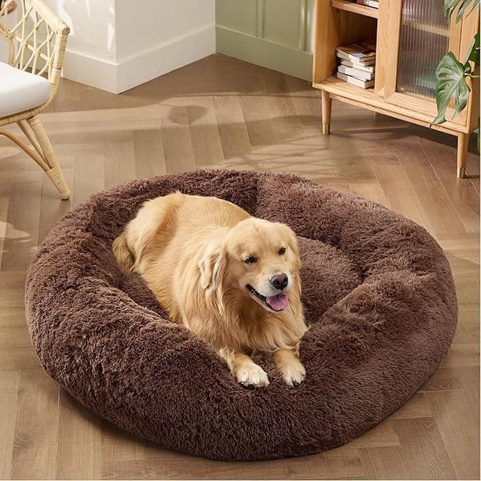 Unique PET Collection Calming Donut Dog Bed – Fluffy Round Plush Anti-Anxiety Pet Bed, Washable & Cozy, Soft & Durable for Medium Dogs (Brown Colour & Medium Size)