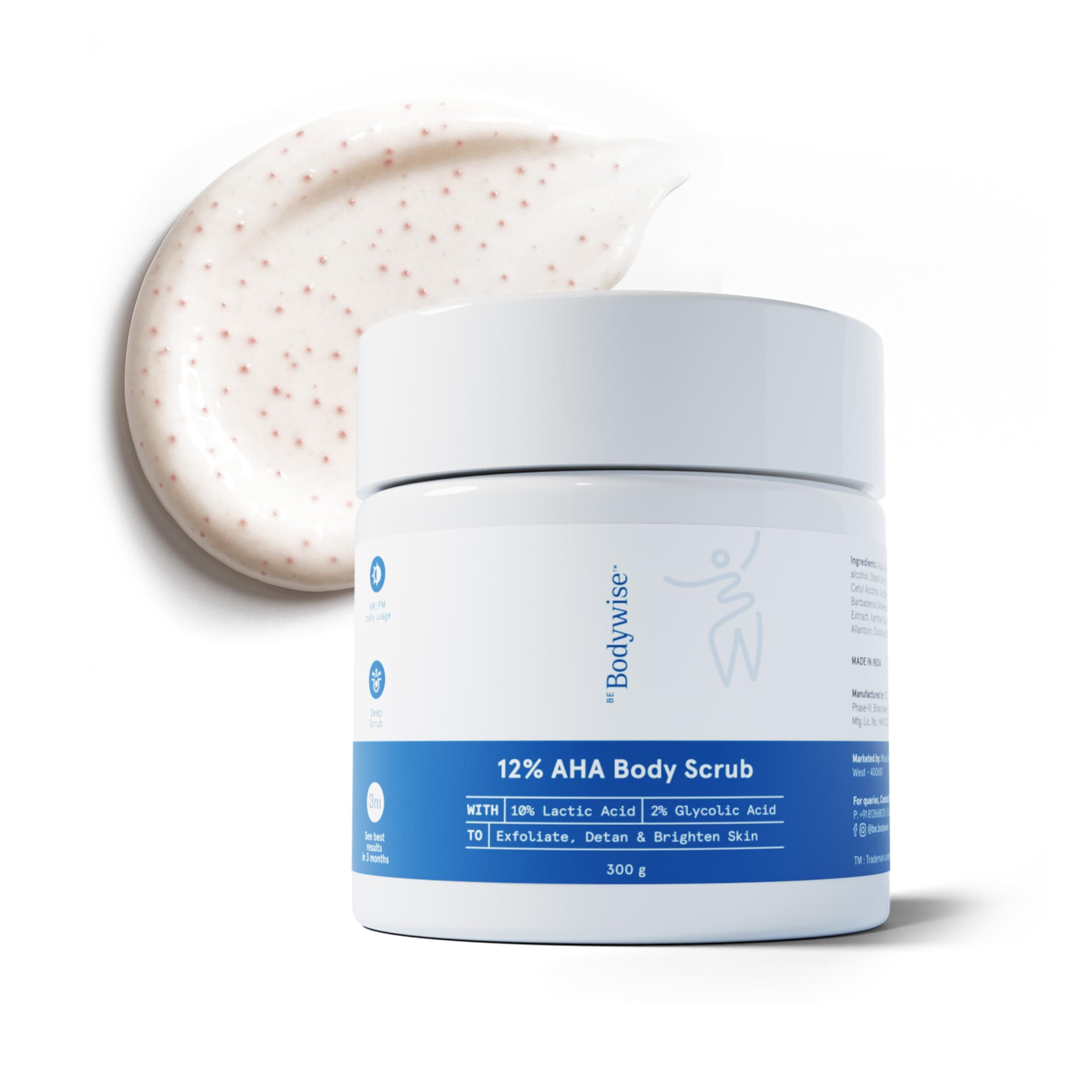 Be Bodywise 12% De-Tan AHA Body Scrub | Exfoliating Scrub with Glycolic Acid & Lactic Acid | Smoothens Strawberry Skin & Rough Bumps | Oat & Aloe Extract for Hydration | Vitamin E for Tan Removal | 300g