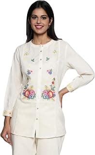 W for Woman Off White Solid Printed Pure Cotton Straight Top