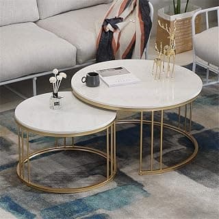 Round Coffee Table/Sofa Table/Center Table with Waterproof Marble Finish Wooden Top 21x21 inches (Golden & White) (Modern)