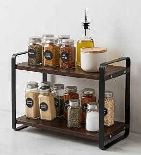 FireBees Kitchen Organizer Rack | 2 Tier Metal Wooden Kitchen Shelf Organisers & Shelf Riser for Counter Top | Wooden Kitchen Storage Stand | Rack for Spice Bottles, Jars, Seasonings 33 x 16 x 25 cm