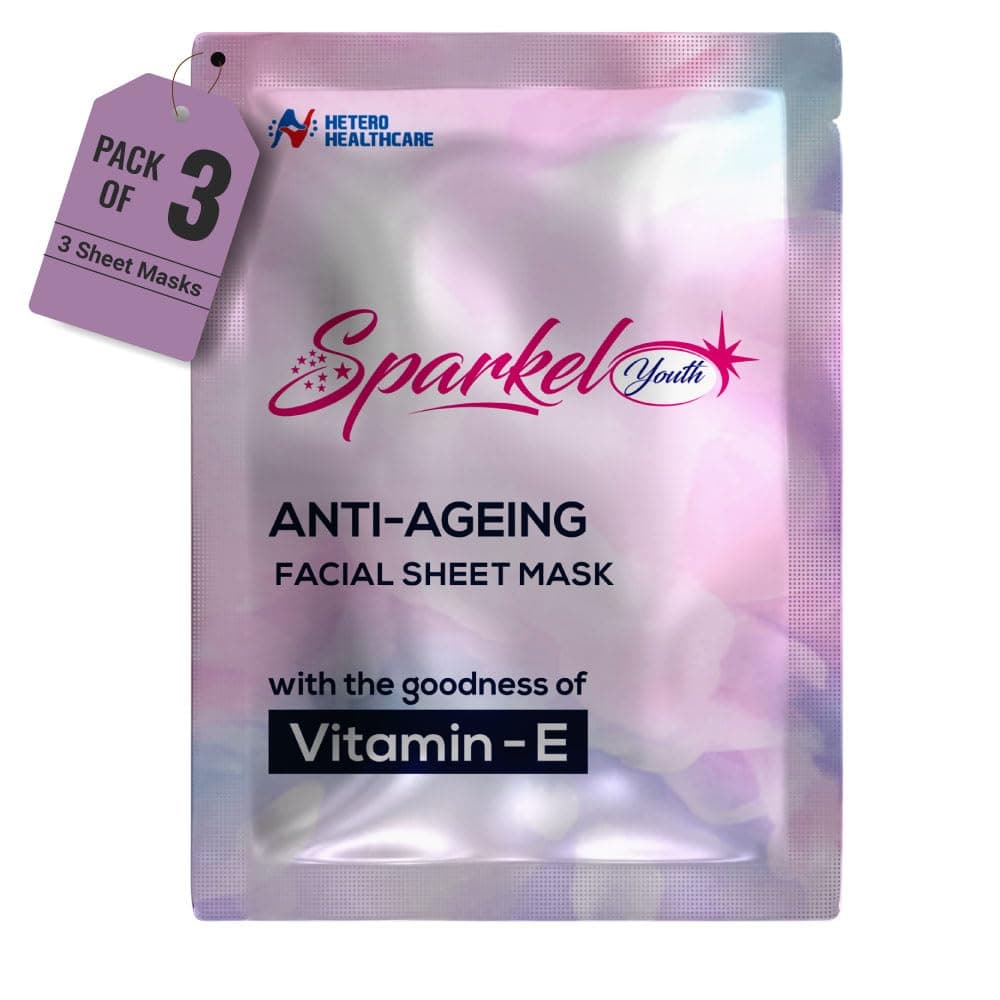 Sparkel Youth Anti Ageing Face Sheet Masks for Glowing Skin | Facial Mask for Women & Men with Glycerin, Vitamin E & Retinoids | Suitable for All Skin Types - Pack of 3