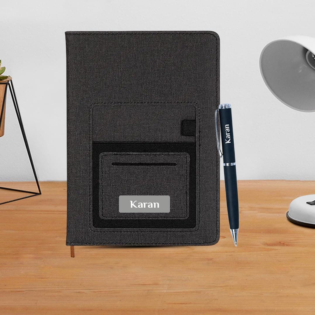 Giftana Personalized Diary with Pen Gift Set for Men and Women, 2 in 1 Customized Jute Pocket Diaries Gift Set for Doctor, Husband, Father, Personalised Corporate Gifts for Employee (Black)