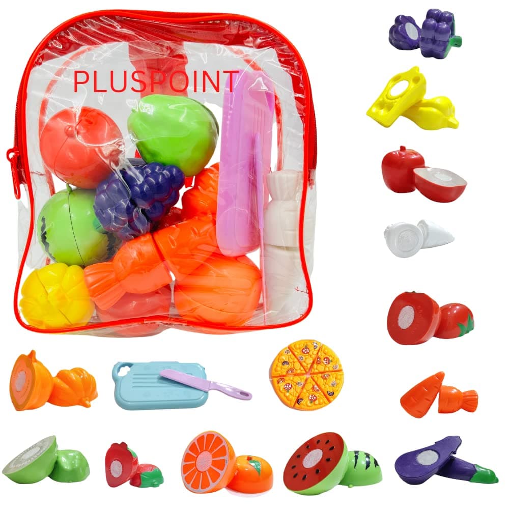PLUSPOINT 16 PCS Cutting Play Food with Pizza Toy for Kids Kitchen, with a Storage Bag Pretend Fruit & Vegetables Accessories Has 6 Fruits, 6 Vegetables,1 Board,1 Knife for Girls and Boys