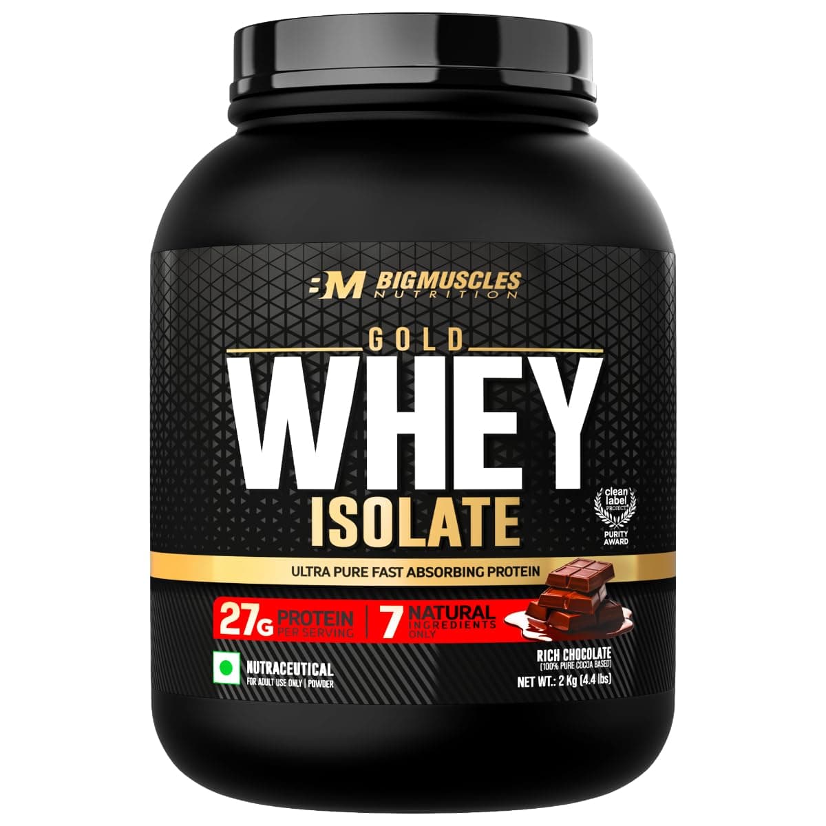 Bigmuscles Nutrition Gold Whey Isolate (2kg, Rich Chocolate) | 27g Whey Protein Isolate 90% | 7 Natural Ingredients Only | 0 Added Sugar | Clean Label Project Purity Award USA