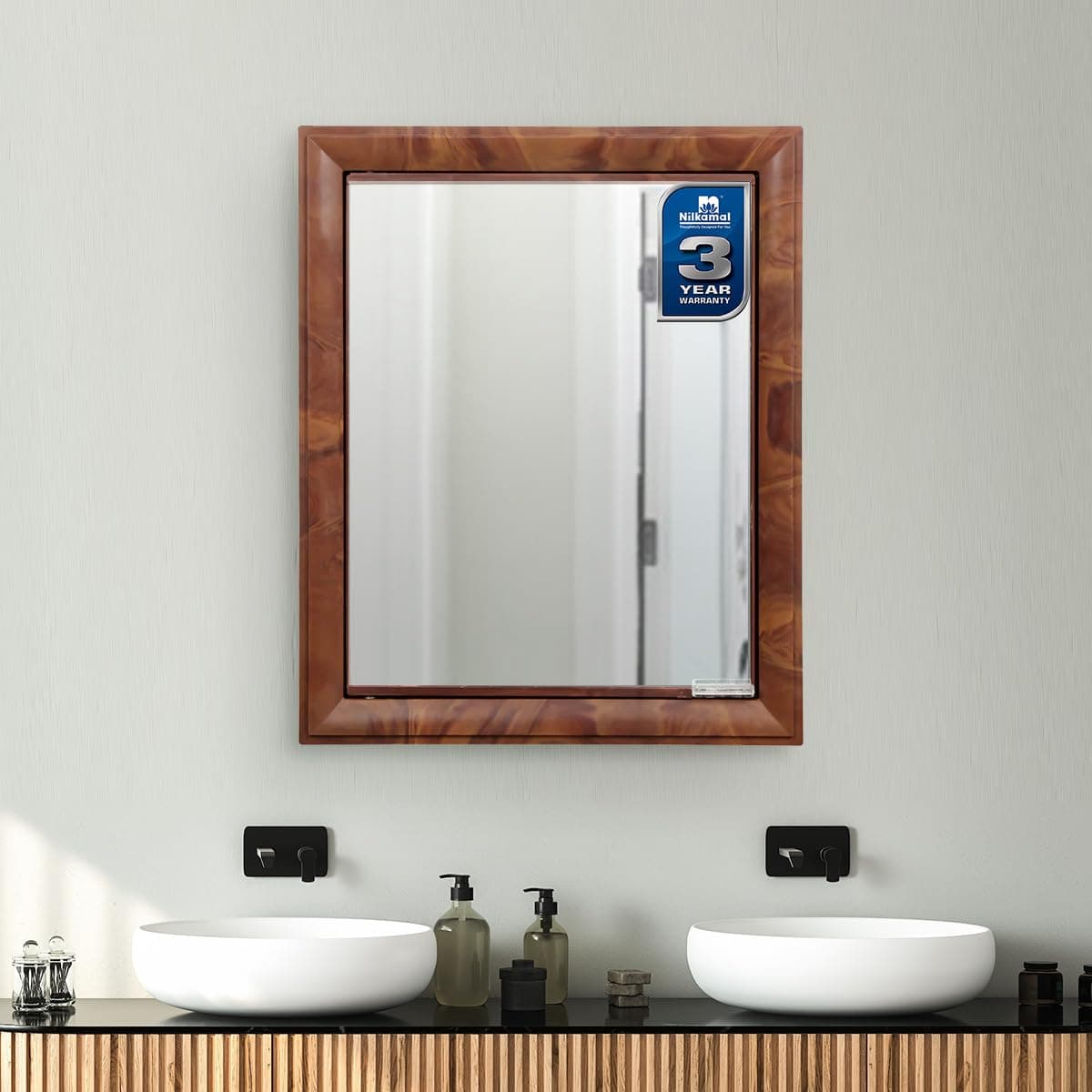 Nilkamal GEMM Bathroom Cabinet with Mirror|3-Year Warranty|Modern & Stylish|Space Saving Storage|Wall Mounted Plastic Bathroom Cabinet with 5 Shelves|Bathroom Accessories|Mirror Cabinet|Mangowood