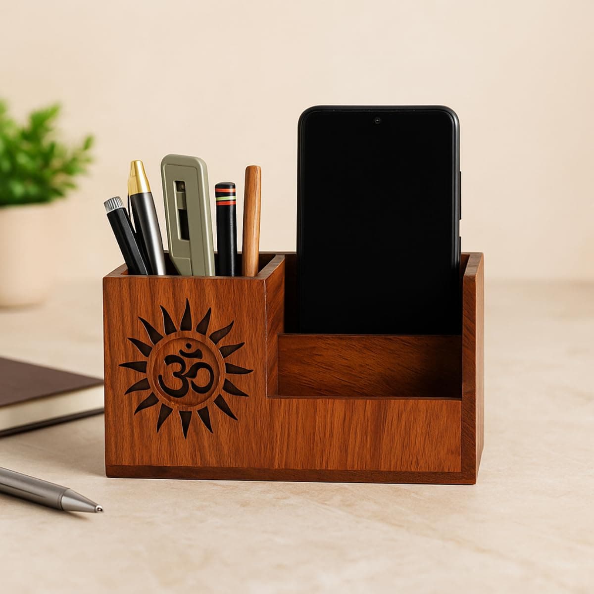 DivineCraftedArt Handcrafted Wooden Pen Holder & Mobile Stand | Desk Organizer for Office, Home & Study Table | Pen Pencil Stand with Card Holder (6.75×3.75×2.5 Inch) (OM Harmony)