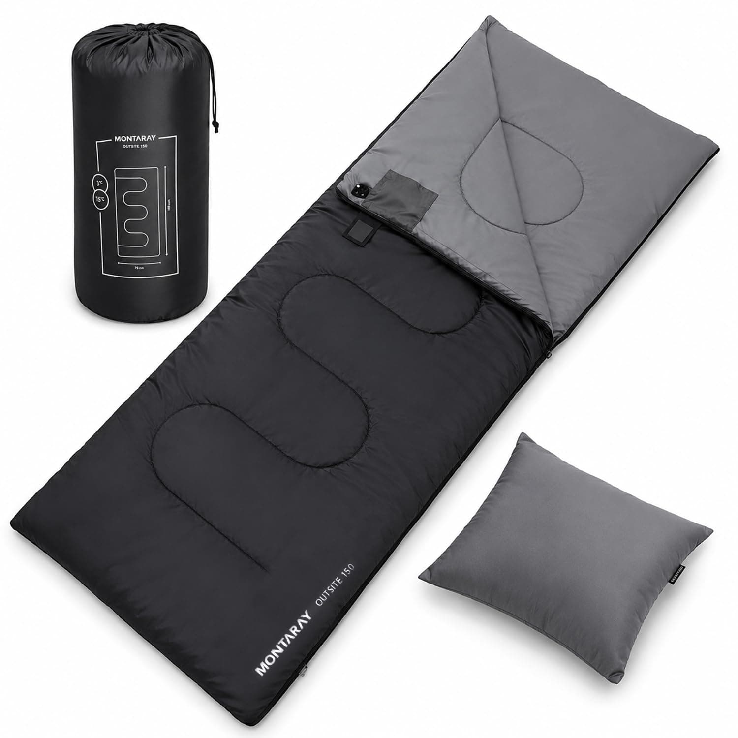 Montaray by Xtrim Outsite 150 Camping Sleeping Bag with Pillow, 150 GSM | Polyester, 185x72 cm, Converts to 185x140 cm Blanket, for Temp. 15°C to 3°C
