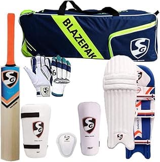 SG Cricket Kit Full Set for Adults with Ezeepak Bag RSD Spark Kashmir Willow Bats+Batting Leg Guard Pads+Batting Gloves+Abdominal Guard+Thigh pad Guard+kit Bag