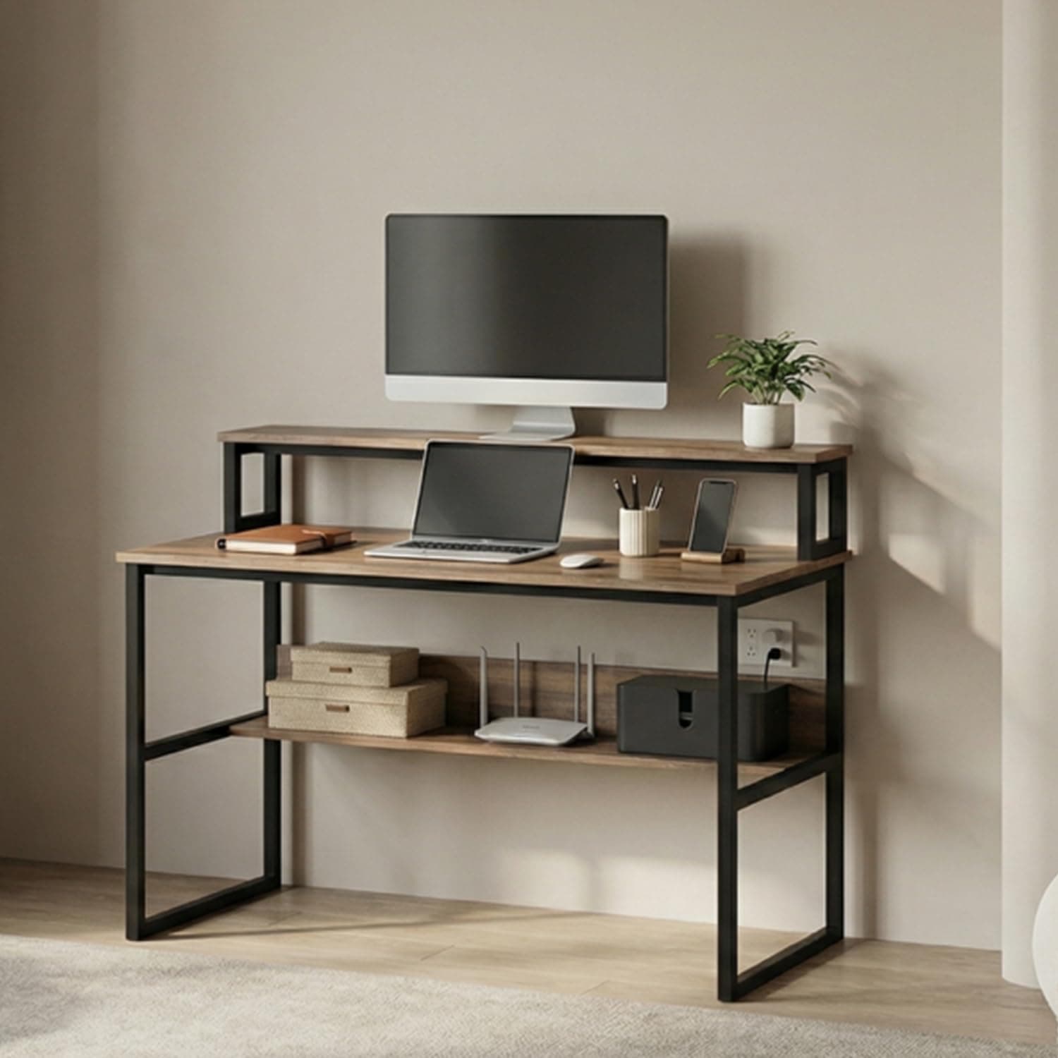 Klaxon Workstation Table for Home Office - Versatile Desk for PC Setup - Big Computer/Ideal Study Tabel with Storage and Bookshelf - Modern Office Desk for Work - Engineered Wood Deske 120 cm
