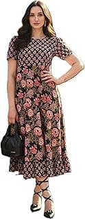 MASIYALA Women's Floral Print Maxi Dress, Black with Pink Flowers, Short Sleeve, A-Line Style
