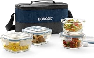 Borosil Elite Universal Lunchbox | Set of 4 (320ml x 2 Square + 240ml x 2 Round), Borosilicate Glass | Microwave & Dishwasher Safe, Leakproof | Tiffin for Office/School/College