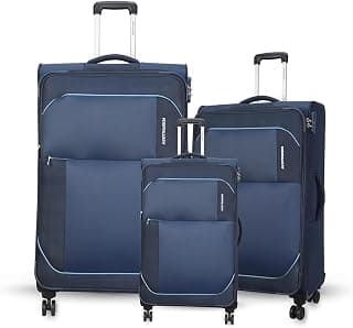 American Tourister Kamiliant (3 Pieces Set)-Polyester Small 56 Cm, Medium 68 Cm & Large 79 Cm Spinner Softsided 4 Wheels Luggage Trolley (Blue)