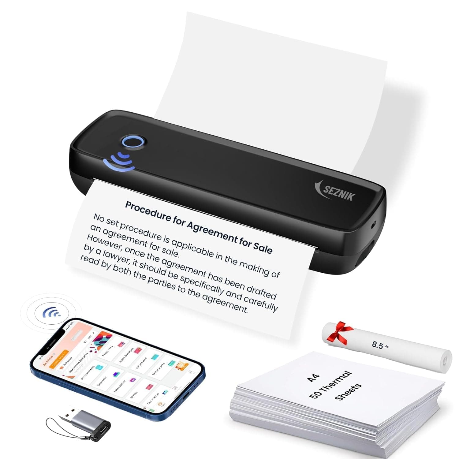 SEZNIK Portable A4 Printer, Bluetooth, Inkless for Professionals,Travel | Mini Printer | USB, Bluetooth Printer Compatible with Android iOS Laptop | 1 Year Warranty (Pro-HD304dpi-Black)