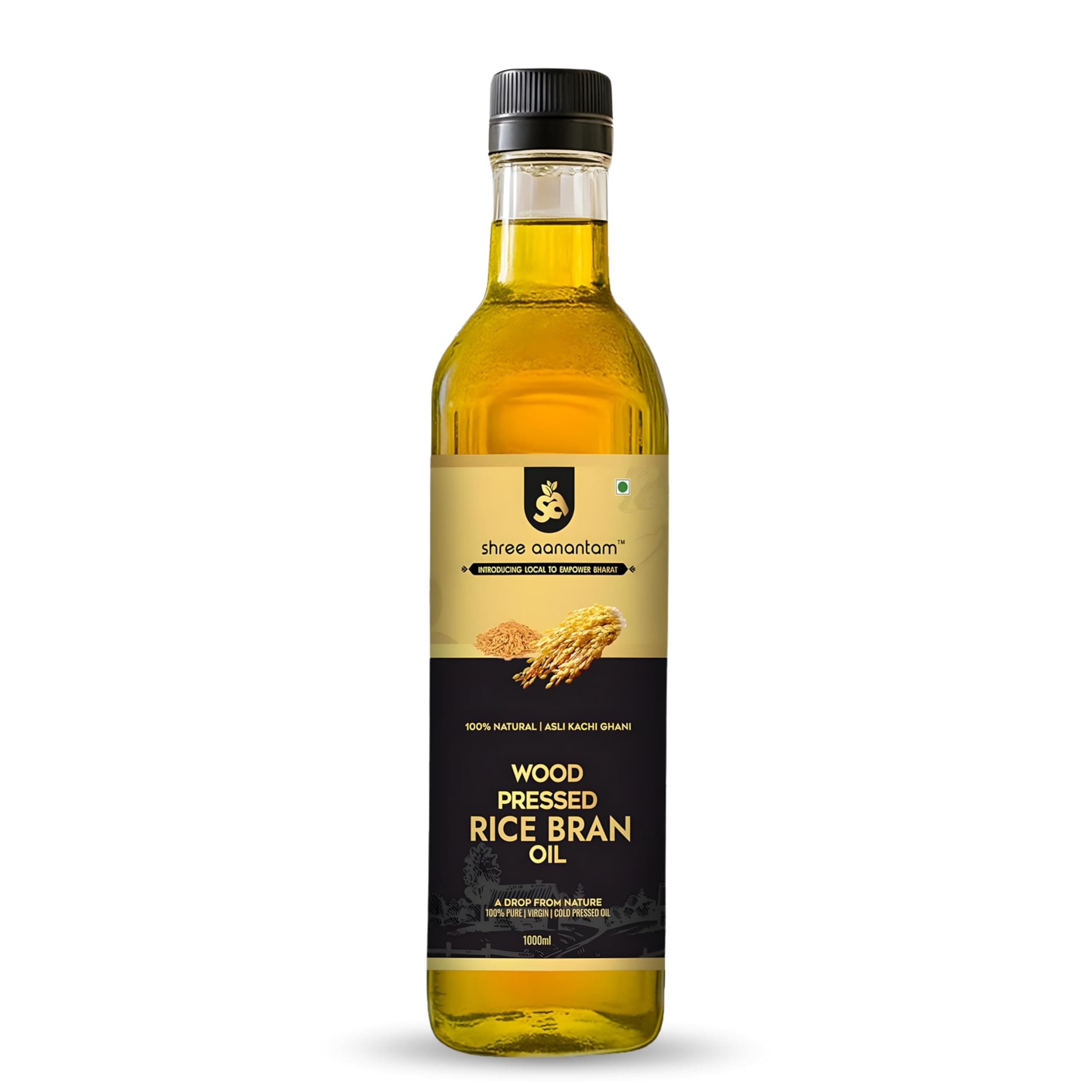 Shree Aanantam Cold Pressed Rice Bran Oil - 1 Liter | Bottle | Kolhu/Kacchi Ghani/Chekku | 100% Pure & Natural | Chemical-Free | Wood Pressed Rice Bran Oil for Cooking (1l (Pack of 1))