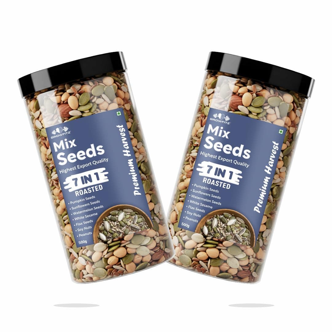Growfitz 7-in-1 Super Seed Mix | Pack of 2 (500g Each)| 24.4g High Protein & Fiber | Roasted Pumpkin, Sunflower, Flax, Chia, Soy Nuts & Sesame | Healthy Snack |
