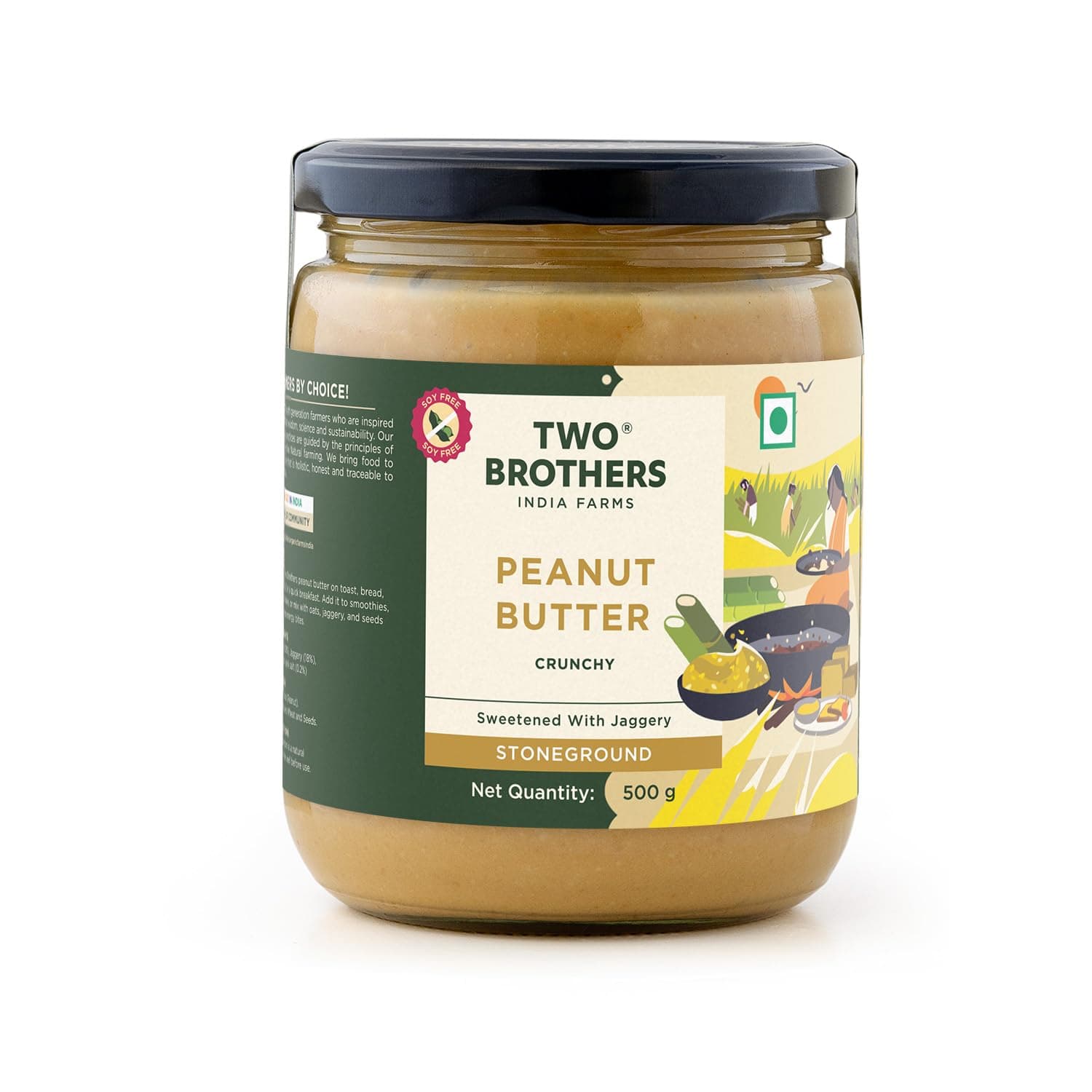 Two Brothers India Farms Peanut Butter Crunchy (500 g) | Stoneground & Sweetened with Jaggery | Contains Nutrients & Minerals | High Protein, Rich Fiber | Plant Based Butter Made Using Only Peanuts