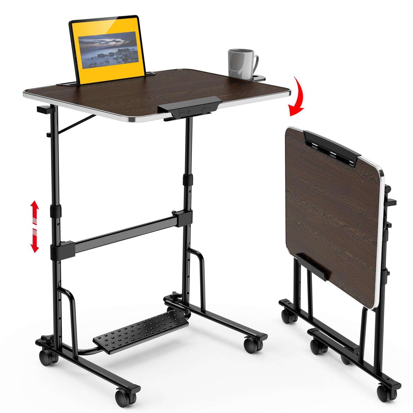 TABLE MAGIC – AERO Desk | Height Adjustable (70-108 cm) Sit & Stand Folding Desk with Cup & iPad Holder | Portable Workstation Table with Wheels & Footrest (Black-Wenge Finish)