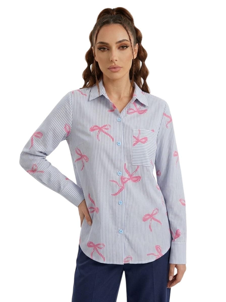 OOMPH! Women Striped Shirt with Bow Print | Relaxed Fit | Trendy Printed Westernwear | Casual Smart Shirts
