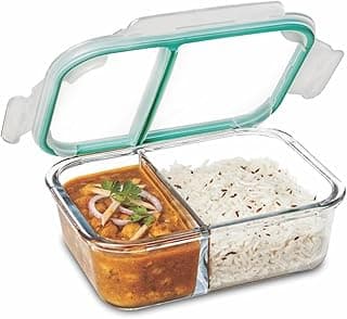 SIGNORA WARE Slim Borosilicate Glass Two Compartment Lunch box | Microwave & Dishwasher safe | Airtight & Leakproof | Retain Freshness | Ideal for Office, College or outdoor use (Clear | 600ml)