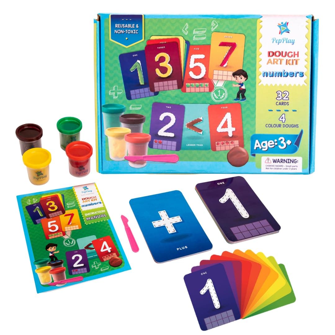 Pepplay Dough Art Kit, Long Lasting Soft and Non-Toxic Educational Clay, 32 Flash Cards with 4 Dough Boxes, Early Maths, Pre-School Learning, Birthday and Return Gift for Kids Ages 2 3 4 5