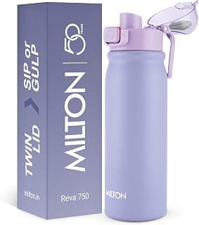 MILTON Reva 750 ISI Certified Stainless Steel Water Bottle with Twin Lid Sip or Gulp, 750ml | Single Wall, BPA-Free, Leakproof | Sturdy Handle | Ideal for Home, Office, Gym & Travel, Purple