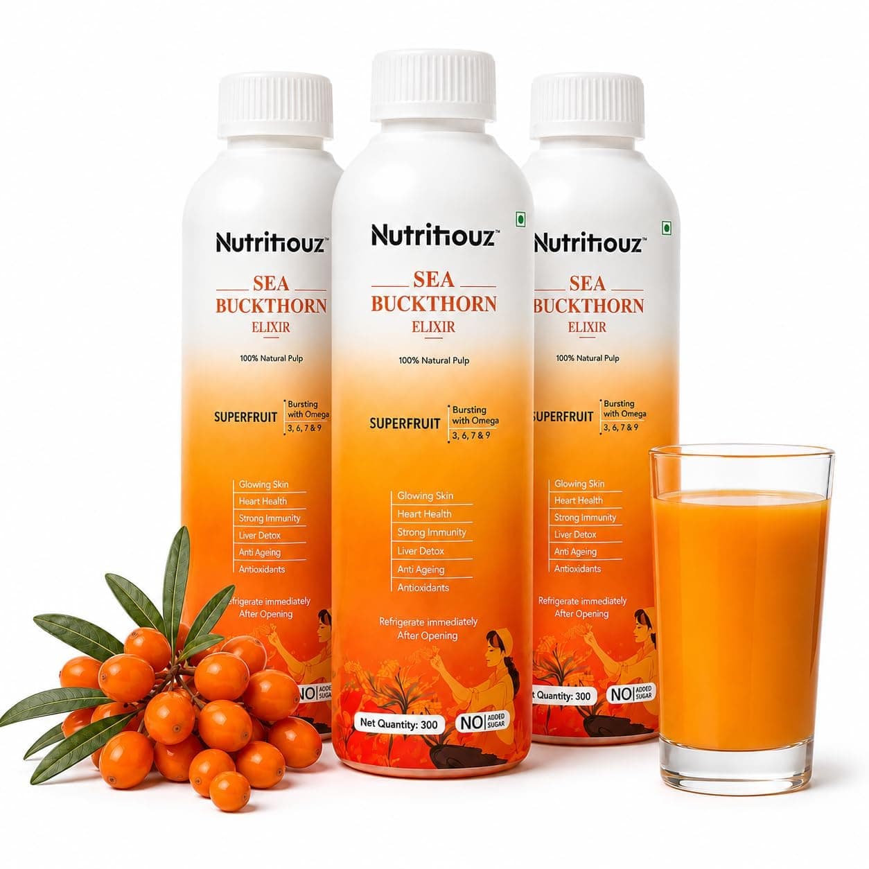 Nutritiouz Himalayan Seabuckthorn Elixir (Juice) – 300 ml | Cold-Pressed Sea Buckthorn Pulp | Rich in Natural Vitamin C, Omegas 3, 6, 7 & 9 | Combo of 3