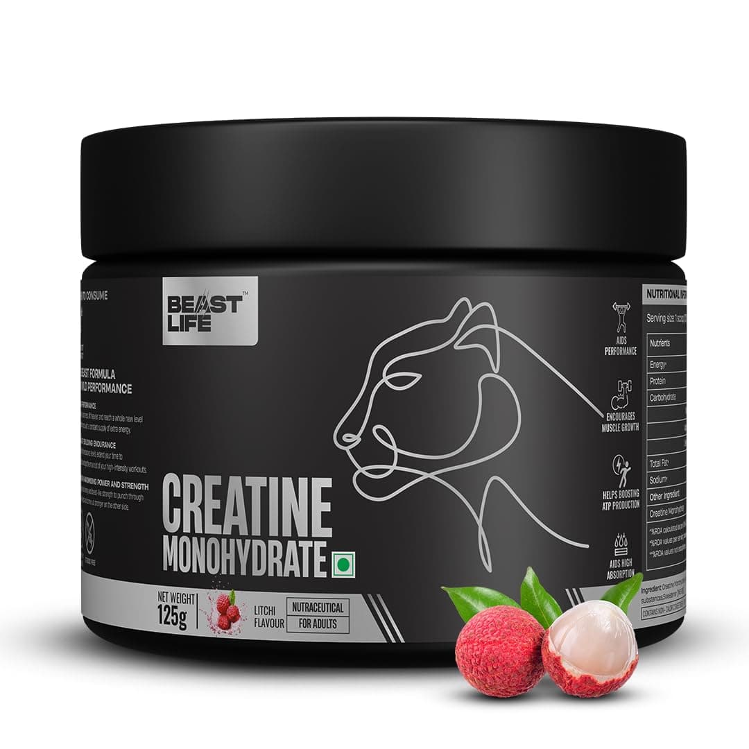 BeastLife Micronised Creatine Monohydrate Powder Litchi 125g | 33 Servings | NABL Lab Tested | Rapid Absorption for Muscle Strength & Athletic Performance