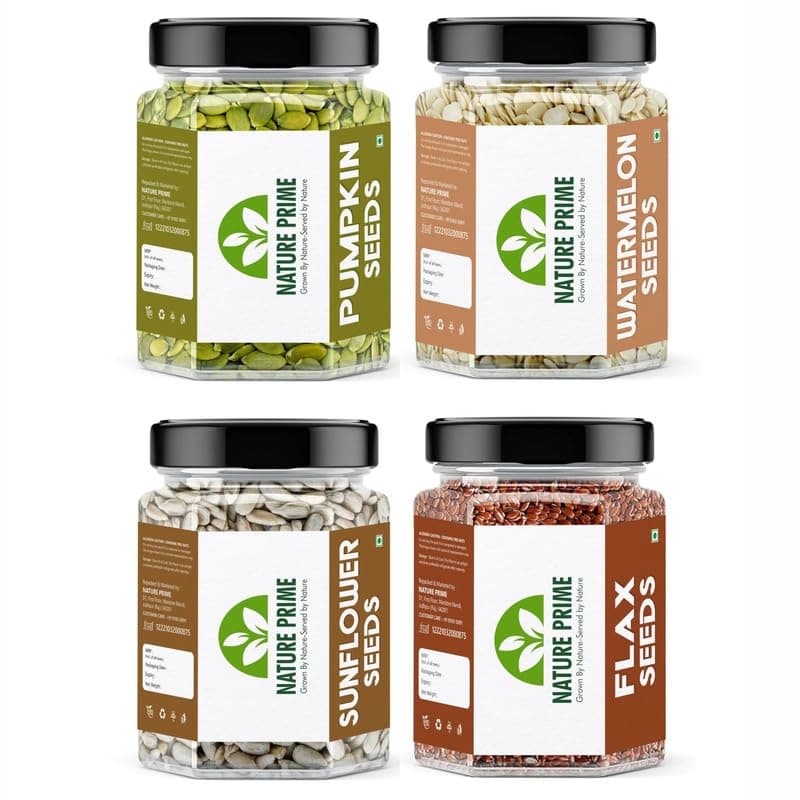 Nature Prime Raw Seeds for Eating Combo Pack - 1kg (Pumpkin Seeds, Flax Seeds, Watermelon Seeds, Sunflower Seeds - 250gm Each, Pack of 4) Jar Pack (250g*4)