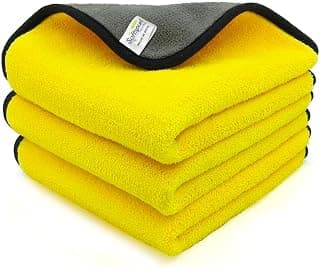 SOFTSPUN Microfiber Cloth Silk Banded Edges 800 GSM 30X40 cms 3pcs Yellow+Grey! Silk Banded Edge Towel Set Extra Thick Microfiber Cleaning Cloths Perfect for Bike Auto Cars Both Interior and Exterior.