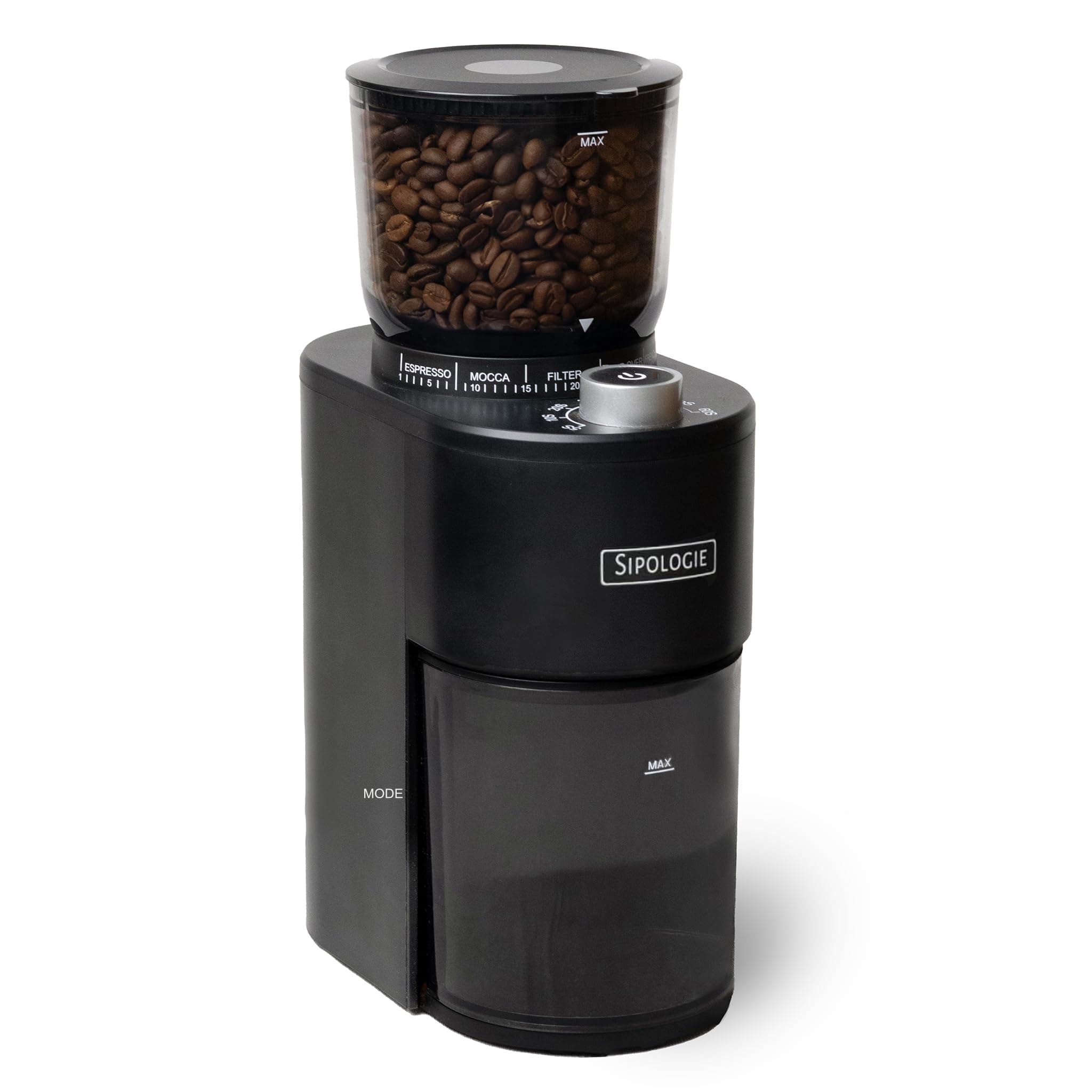 Sipologie Precision Electric Coffee Grinder – Stainless Steel Burr Grinder with Adjustable Settings, Ideal for Espresso, Moka Pot, Pour Over, and French Press, 200g Hopper Capacity, Black