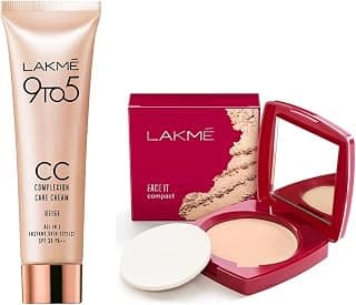 LAKMÉ Face It Compact, Shell, 9 g&LAKMÉ 9 to 5 CC Cream Mini, 01 - Beige, Light Face Makeup with Natural Coverage, SPF 30 - Tinted Moisturizer to Brighten Skin, Conceal Dark Spots, 9 g