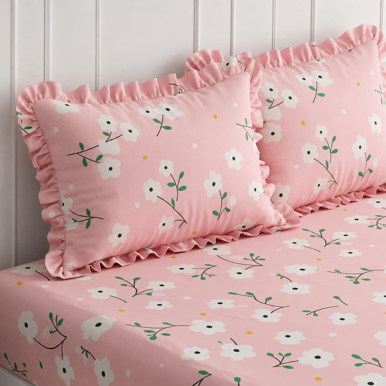 ULOM 350 TC Premium Heavy Cotton Feel Elastic Fitted Bedsheet King Size with 2 Frill Pillow Covers King Size || Double Bed with All Around Elastic (Pink Floral, Queen)