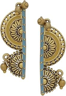 VOYLLA Oxidised Gold Plated Brass Half Circles Traditional Style Earrings for Women and Girls with Turquoise Blue Detailing