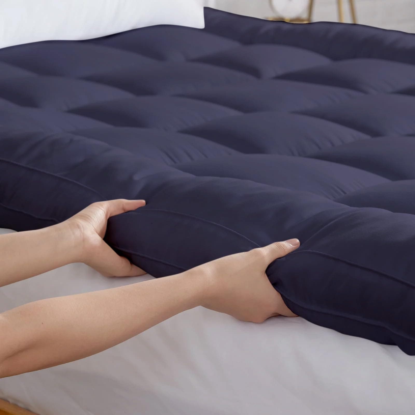 AVI Luxury Soft 5D Spiral 2500 GSM Microfiber Queen Bed Mattress Topper, Extra Thick 3 Inch Mattress Padding, Cooling Breathable Cotton Pillow Top with Elastic Bands, (Dark Blue, 60x78 Inch)