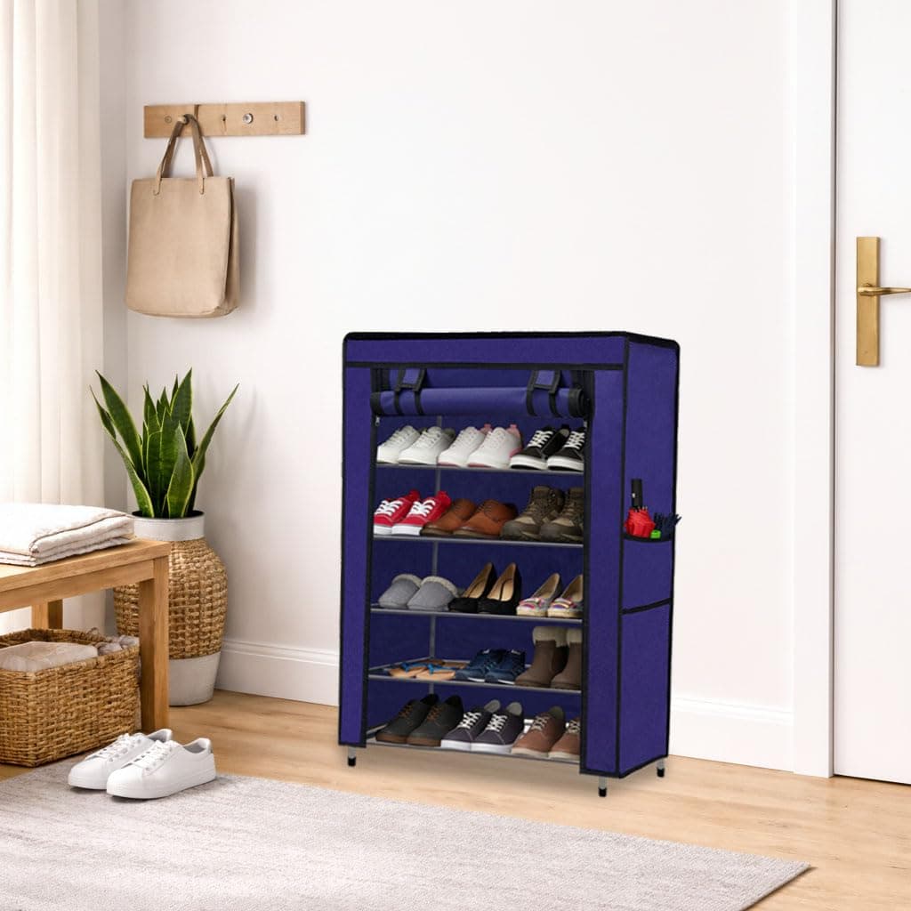 ROBMOB Metal Shoe Stand with Cover, 5 Tier Shoe Organizer for Home & Office - Blue