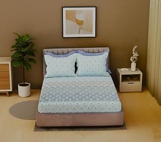 Raymond Averline Double Bed Fitted Bedsheet – Mughal Floral & Intricate Motifs, 100% Cotton, 1.83m x 1.98m + 30cm, with 2 Pillow Covers (Blue & Green)