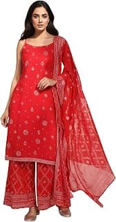 Aurelia Women’s Abstract Printed Tape Straight Woven Kurta with Palazzo and Dupatta Set