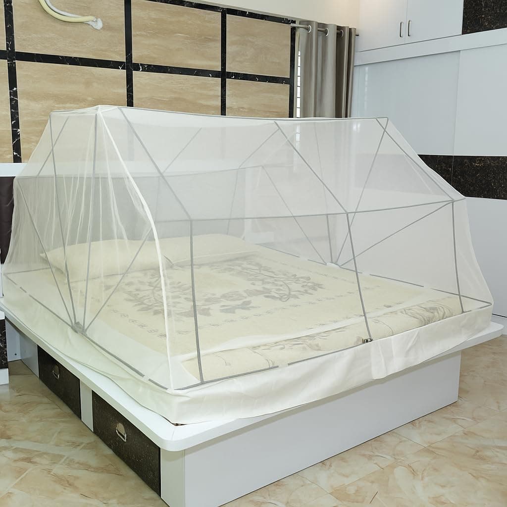 Comfort Mosquito Net | Foldable Poly-Cotton Mosquito Net with Metal Frame | King Bed Size 6 x 6 1/4 ft (Ivory)