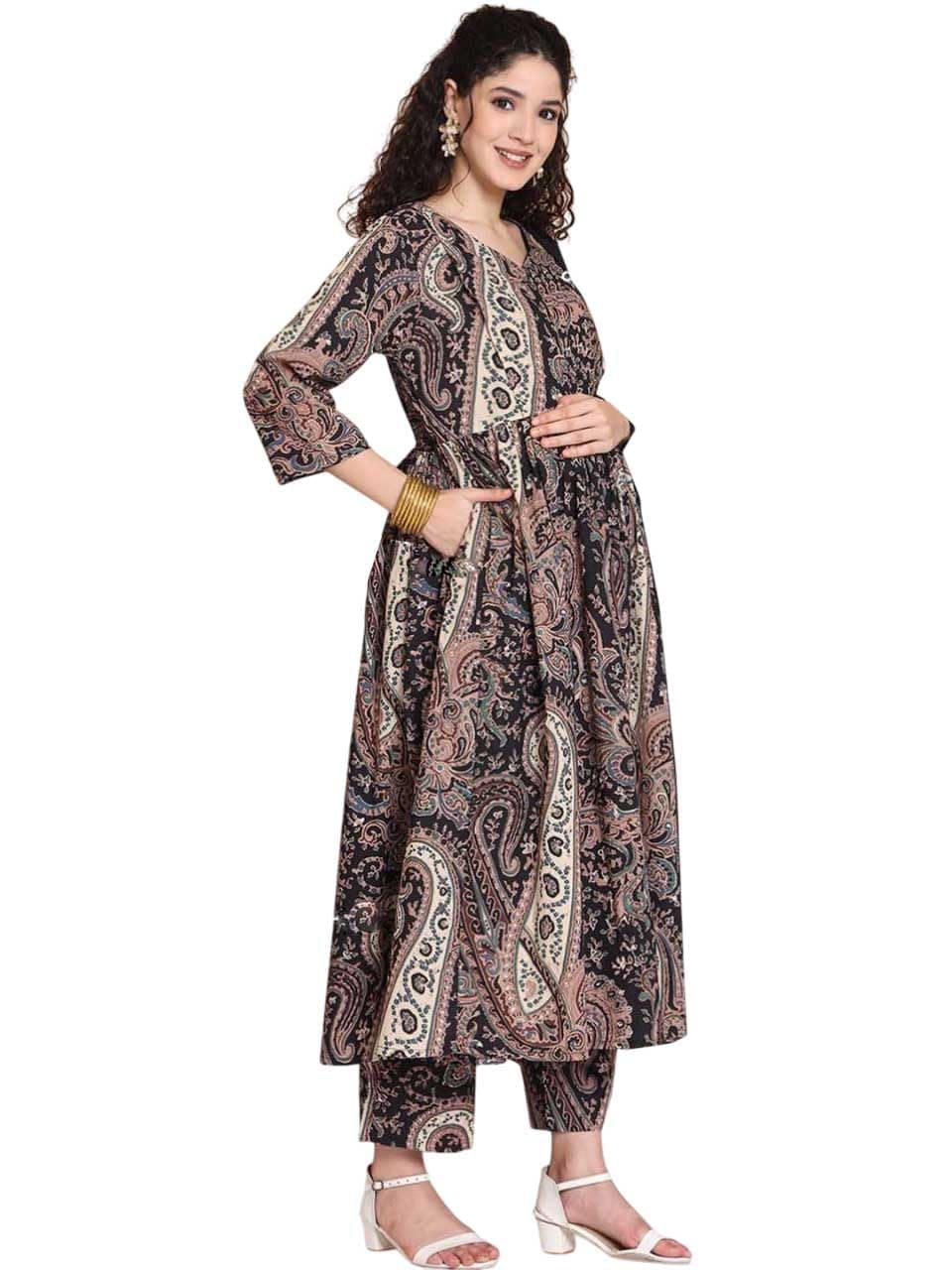 ASSUME FAB Women Viscose Rayon Anarkali Maternity and Nursing Kurta Set - Black Floral and Geometric Pattern, 3/4 Sleeves, Comfortable Fit