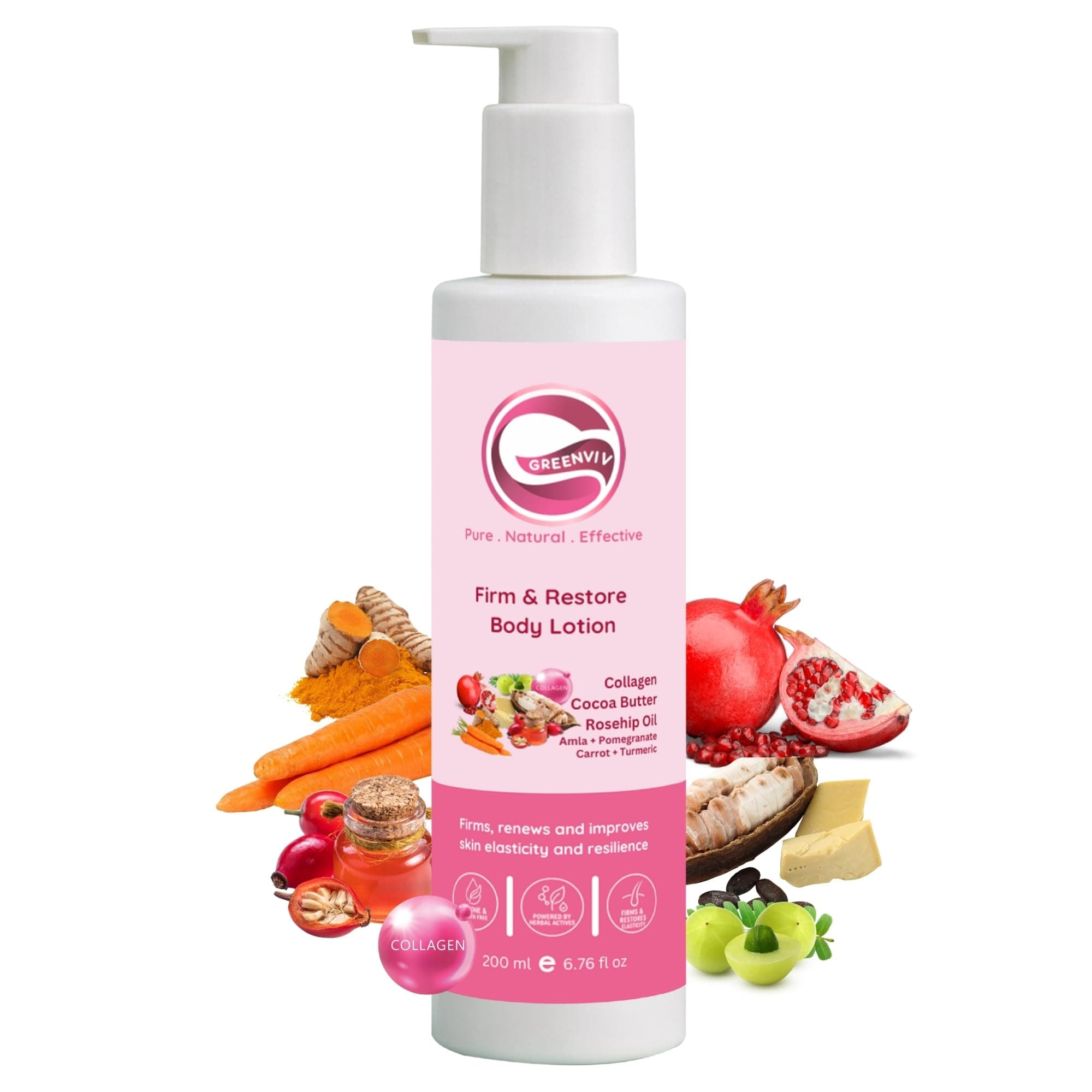 Greenviv Collagen Body Lotion for Firming & Skin Tightening, Improves Elasticity & Softens Skin with Cocoa Butter & Rosehip Oil | Non-Greasy | 200 ml