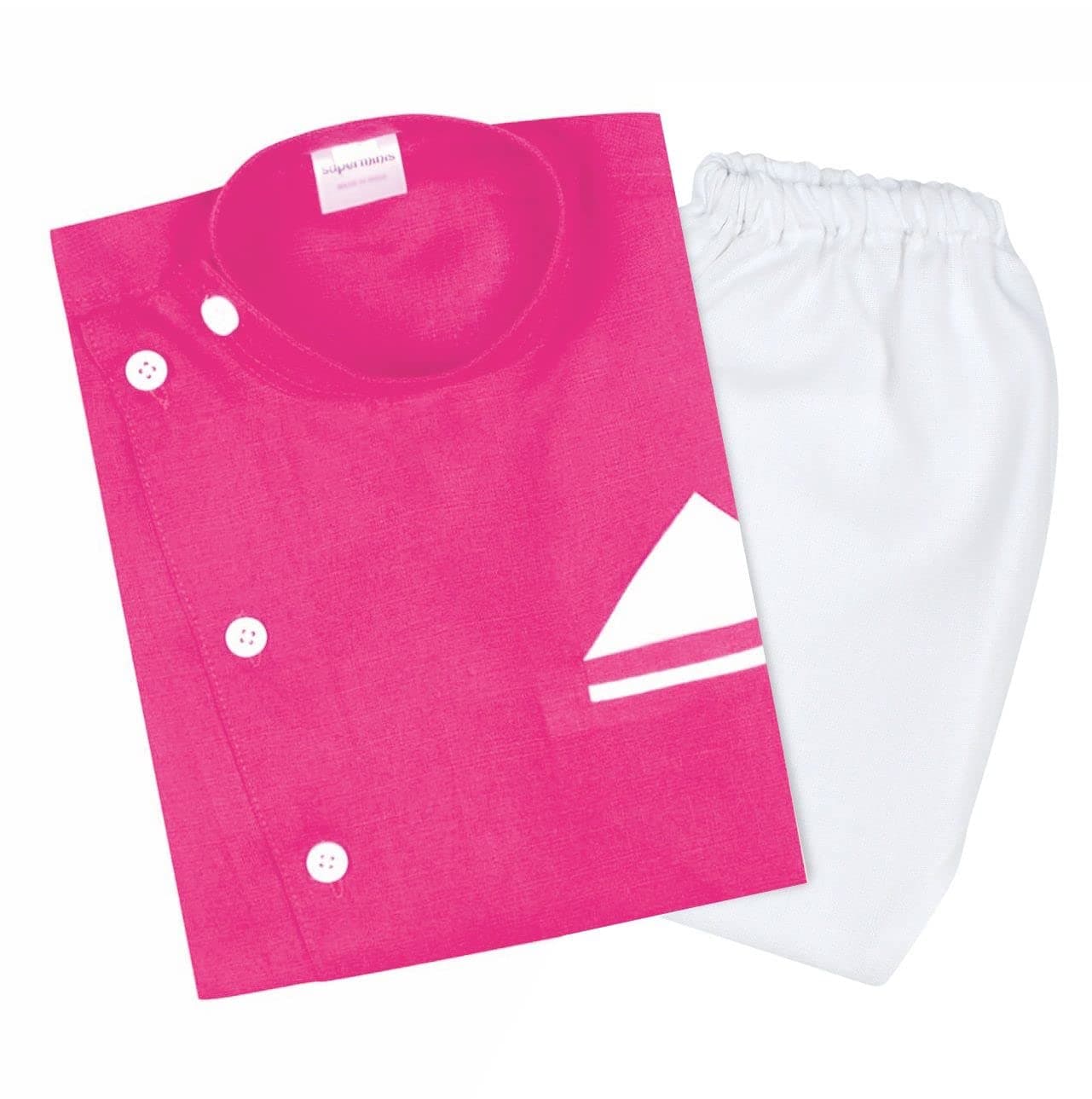 superminis Boy's Cotton Solid Side Button Open Kurta With Pocket Square Style And Elastic Pyjama Set - Mandrin Collar, Side Slits, Criss Cross Bottom Shaped, Full Sleeves