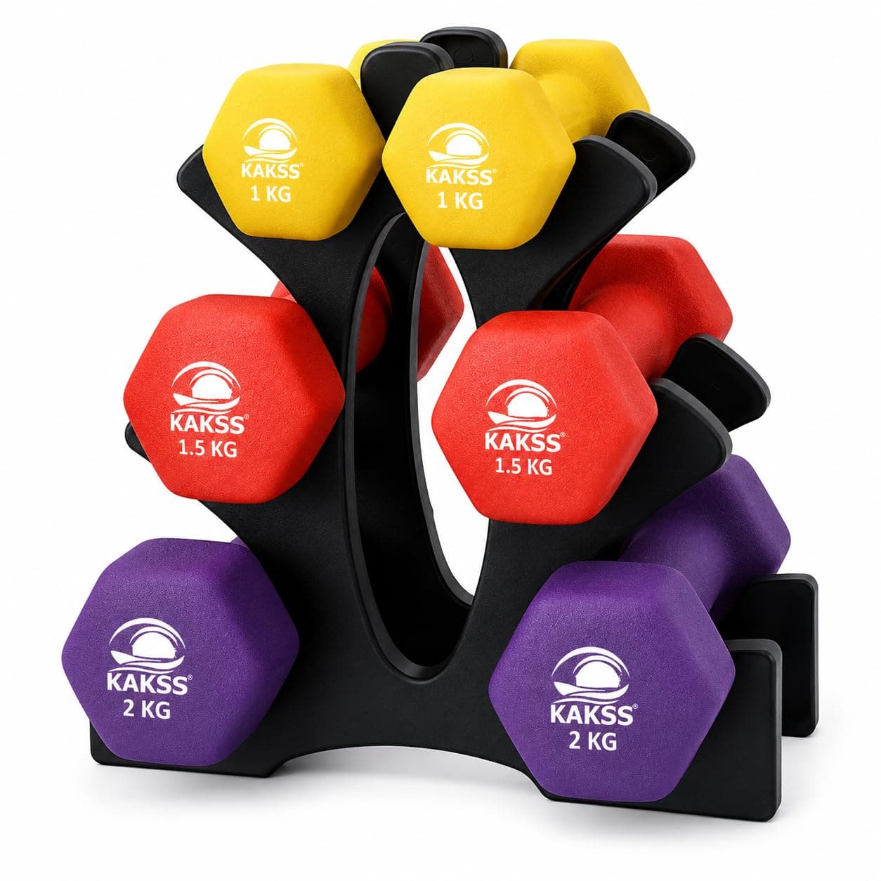 KAKSS Neoprene Dumbbells Sets For Gym Exercise (Proudly Made In India 1Kg+1.5Kg+2Kg Pair, Dumbbell With Stand Multicolor) Fixed