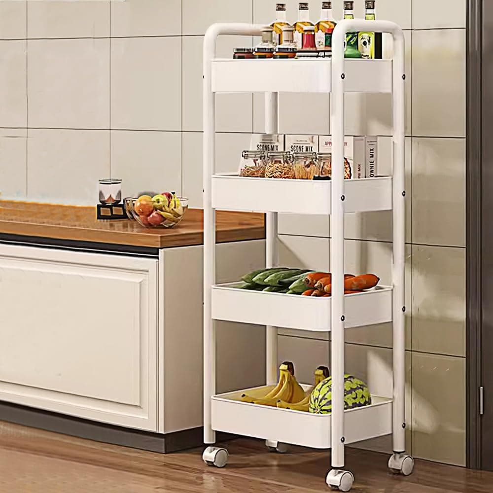 CoolLeaf Metal Vegetable Stand for Kitchen, Kitchen Trolley with Wheels, Hooks and 4-Layer Baskets, Onion Potato Rack for Kitchen Storage, Kitchen Rack Stand-10 kg Loading Per Layer, White (KT-W4)